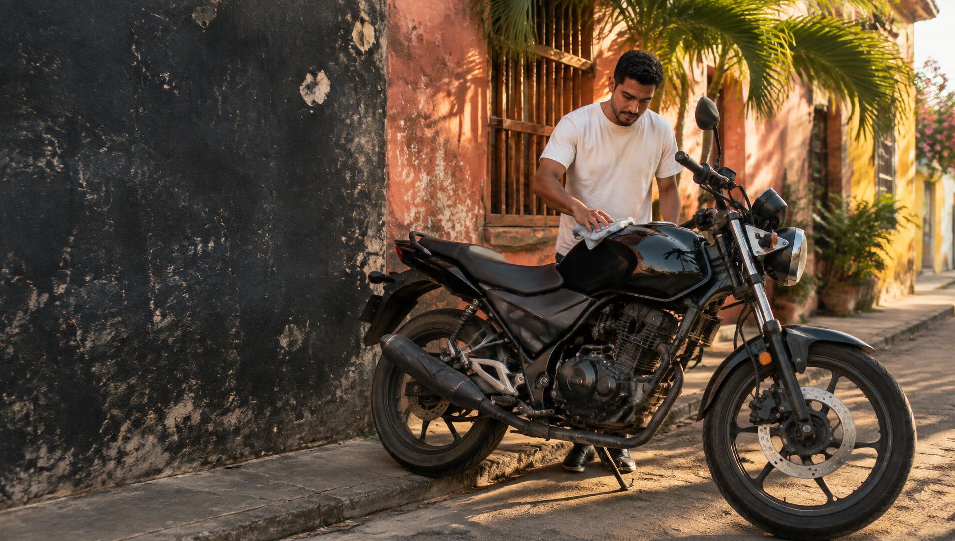 Motociclista cuidando su moto en una calle de inspiración cartagenera