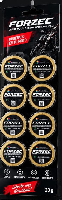 Exhibidor de pared FORZEC con envases de 20 g, con la leyenda Pruébalo en tu moto