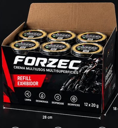 Caja máster de refill FORZEC abierta con envases de 20 g